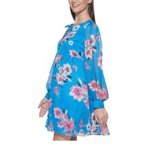 Bright Blue Floral Long Sleeve Chiffon Dress – Siize 12